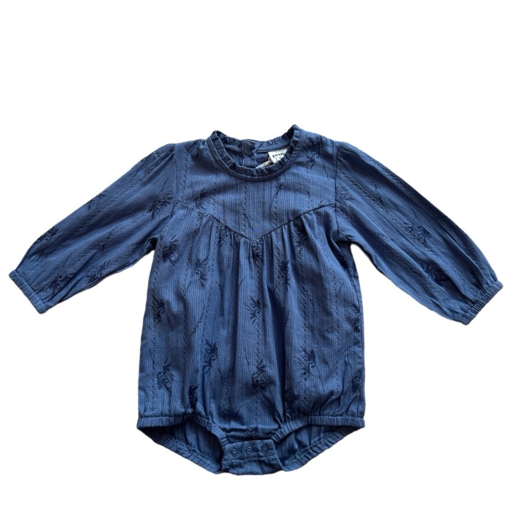 Baby girl blue printed bubble romper long sleeve with matching headband